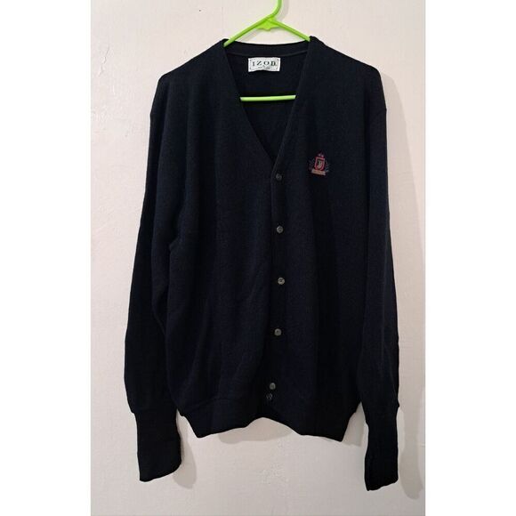 IZOD 90's vintage Mens XL Cardigan Sweater USA made NAVY BLUE Preppy - Picture 1 of 7